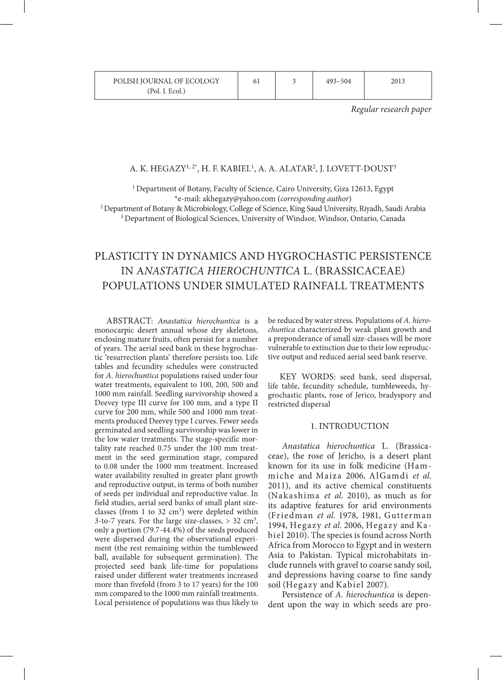 Plasticity in Dynamics and Hygrochastic Persistence in Anastatica Hierochuntica L