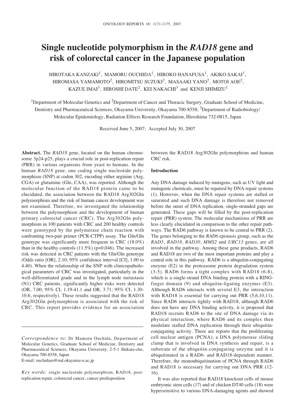 Single Nucleotide Polymorphism in the RAD18 Gene and Risk of Colorectal Cancer in the Japanese Population