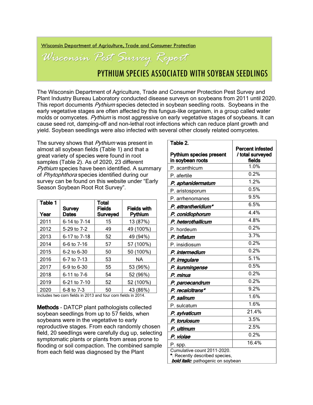 Wisconsin Pest Survey Report PYTHIUM SPECIES ASSOCIATED with SOYBEAN SEEDLINGS