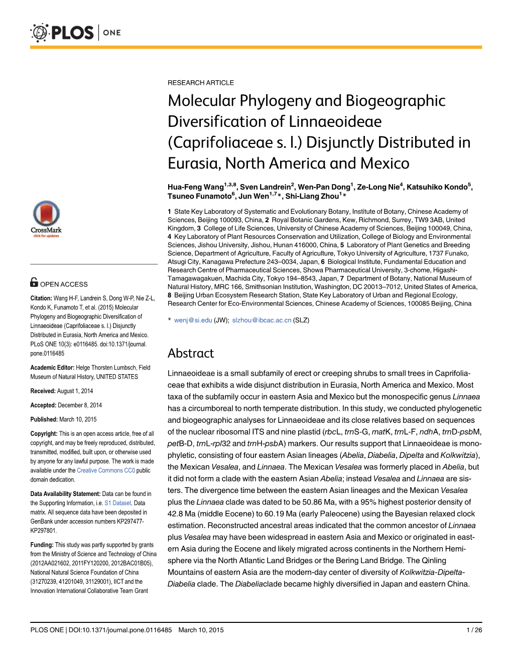 Molecular Phylogeny and Biogeographic Diversification of Linnaeoideae (Caprifoliaceae S