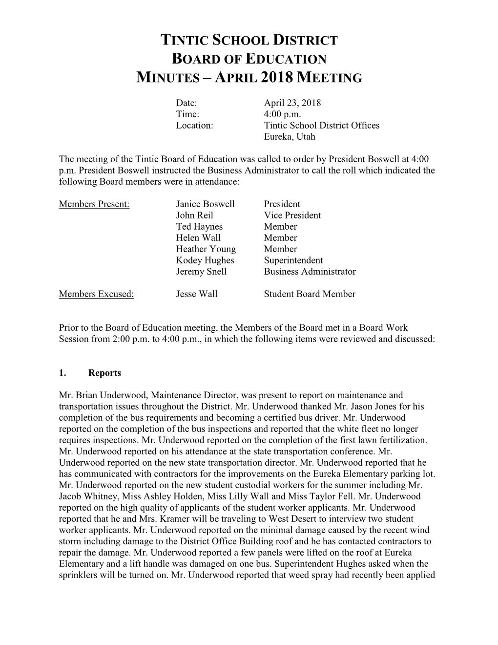 Tintic School District Board of Education Minutes – April 2018 Meeting