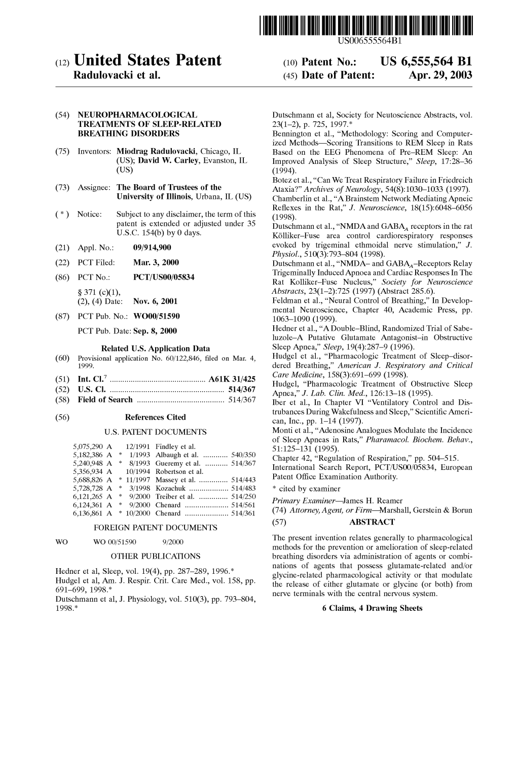 (12) United States Patent (10) Patent No.: US 6,555,564 B1 Radulovacki Et Al