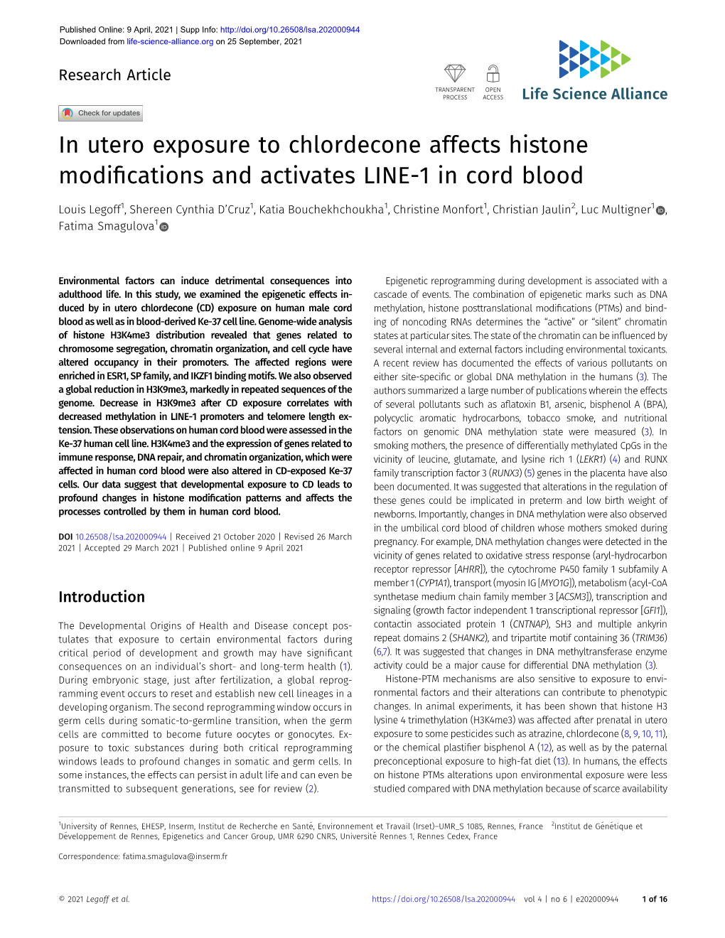 In Utero Exposure to Chlordecone Affects Histone Modifications and Activates LINE-1 in Cord Blood