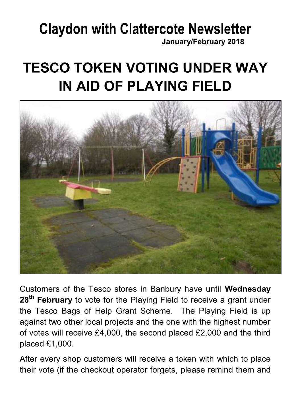 Tesco Token Voting Under Way in Aid of Playing Field