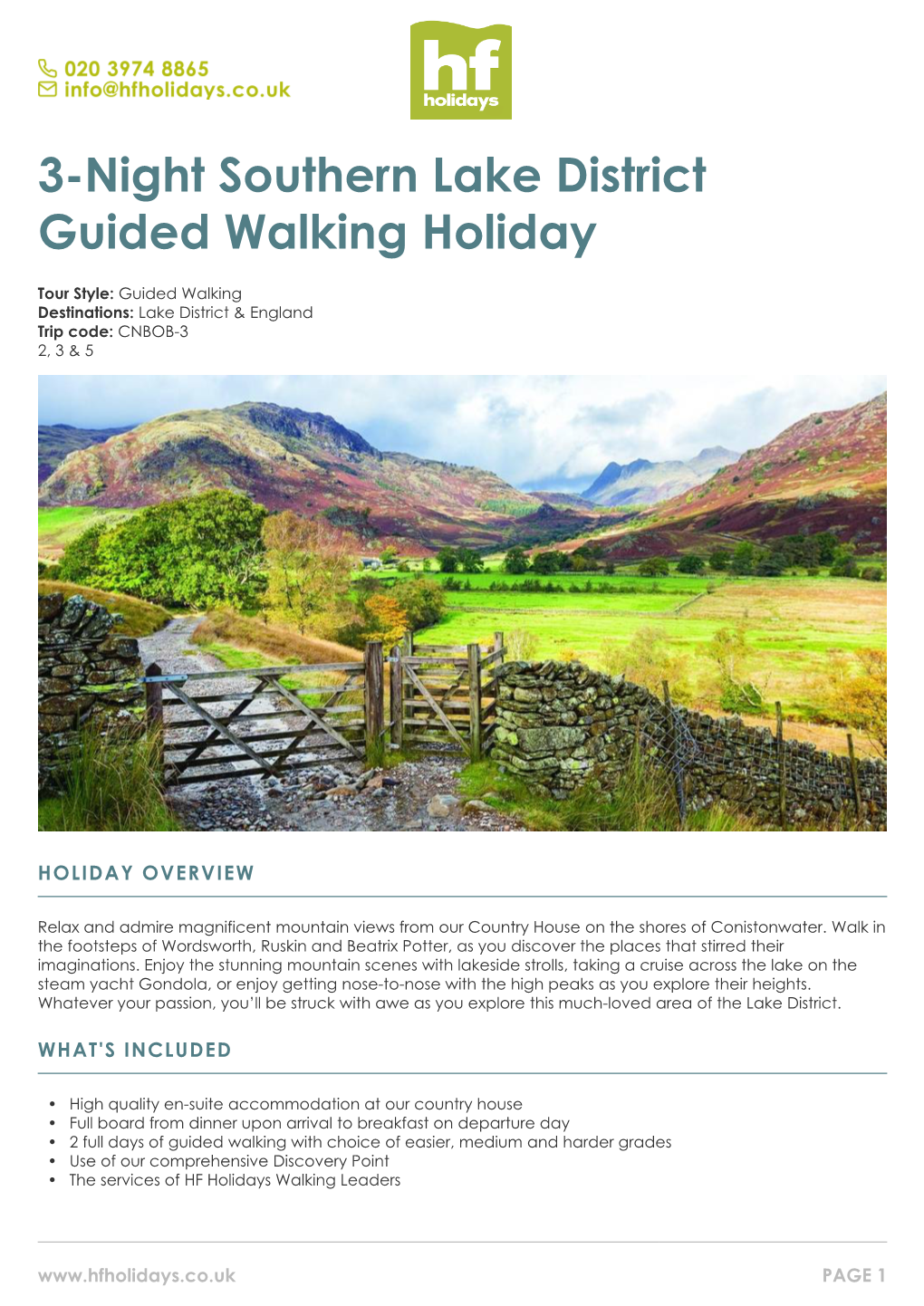 3-Night Southern Lake District Guided Walking Holiday