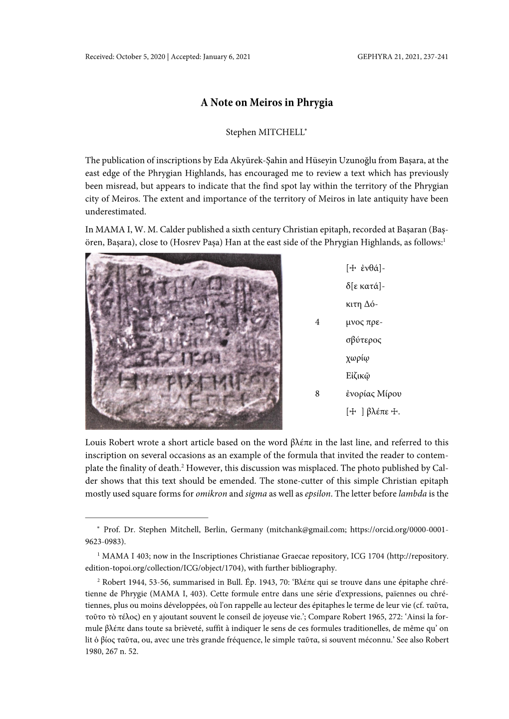 11) Mitchell, a Note on Meiros in Phrygia 237-241