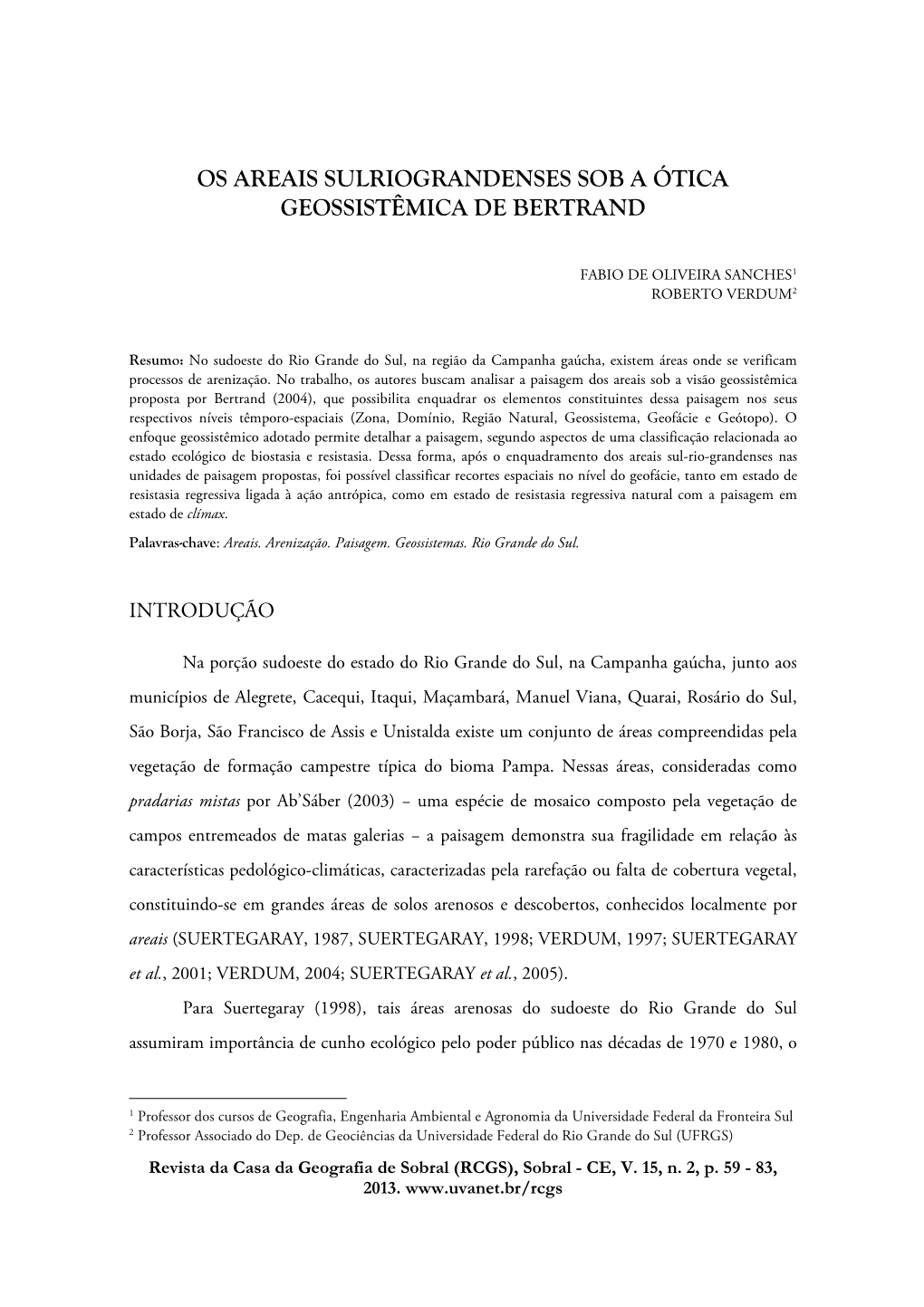 Os Areais Sulriograndenses Sob a Ótica Geossistêmica De Bertrand