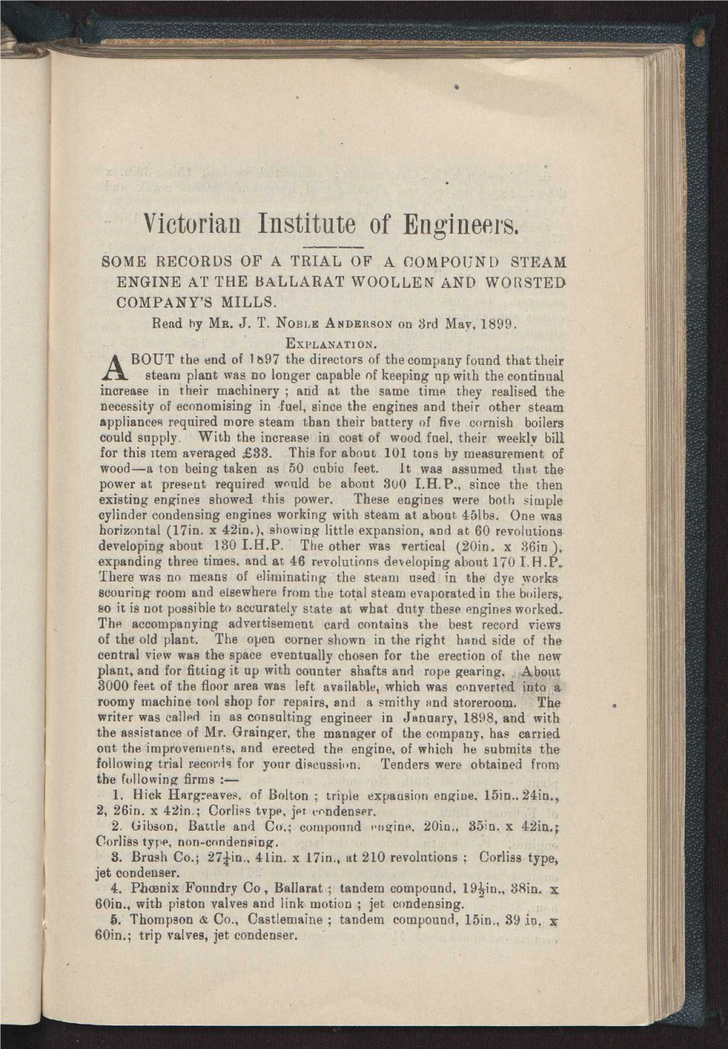 Some Records of a Trial of a Compound Steam Engine at the Ballarat Woollen and Worsted Company's Mills