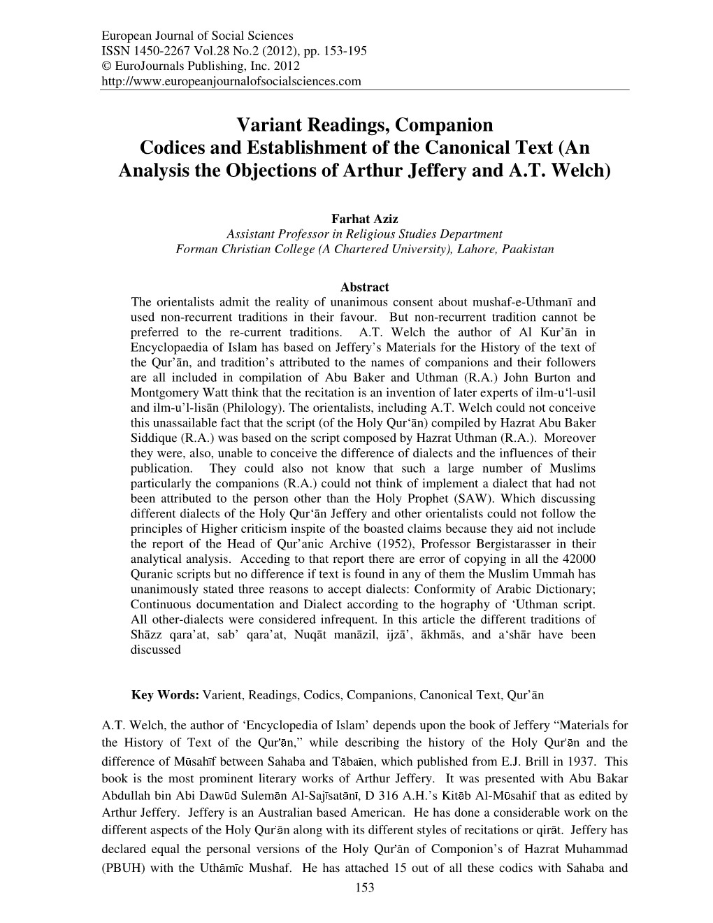 Variant Readings, Companion Codices and Establishment of the Canonical Text (An Analysis the Objections of Arthur Jeffery and A.T