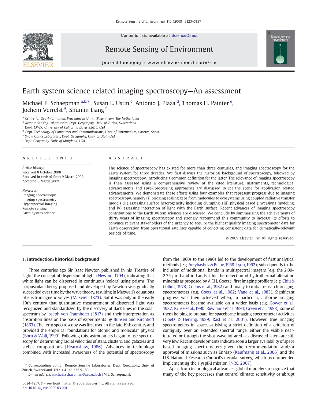 Earth System Science Related Imaging Spectroscopy—An Assessment