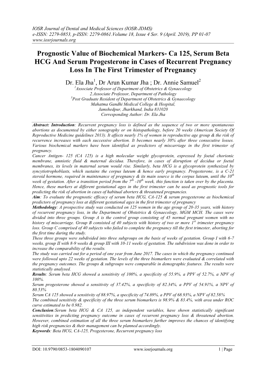 Ca 125, Serum Beta HCG and Serum Progesterone in Cases of Recurrent Pregnancy Loss in the First Trimester of Pregnancy
