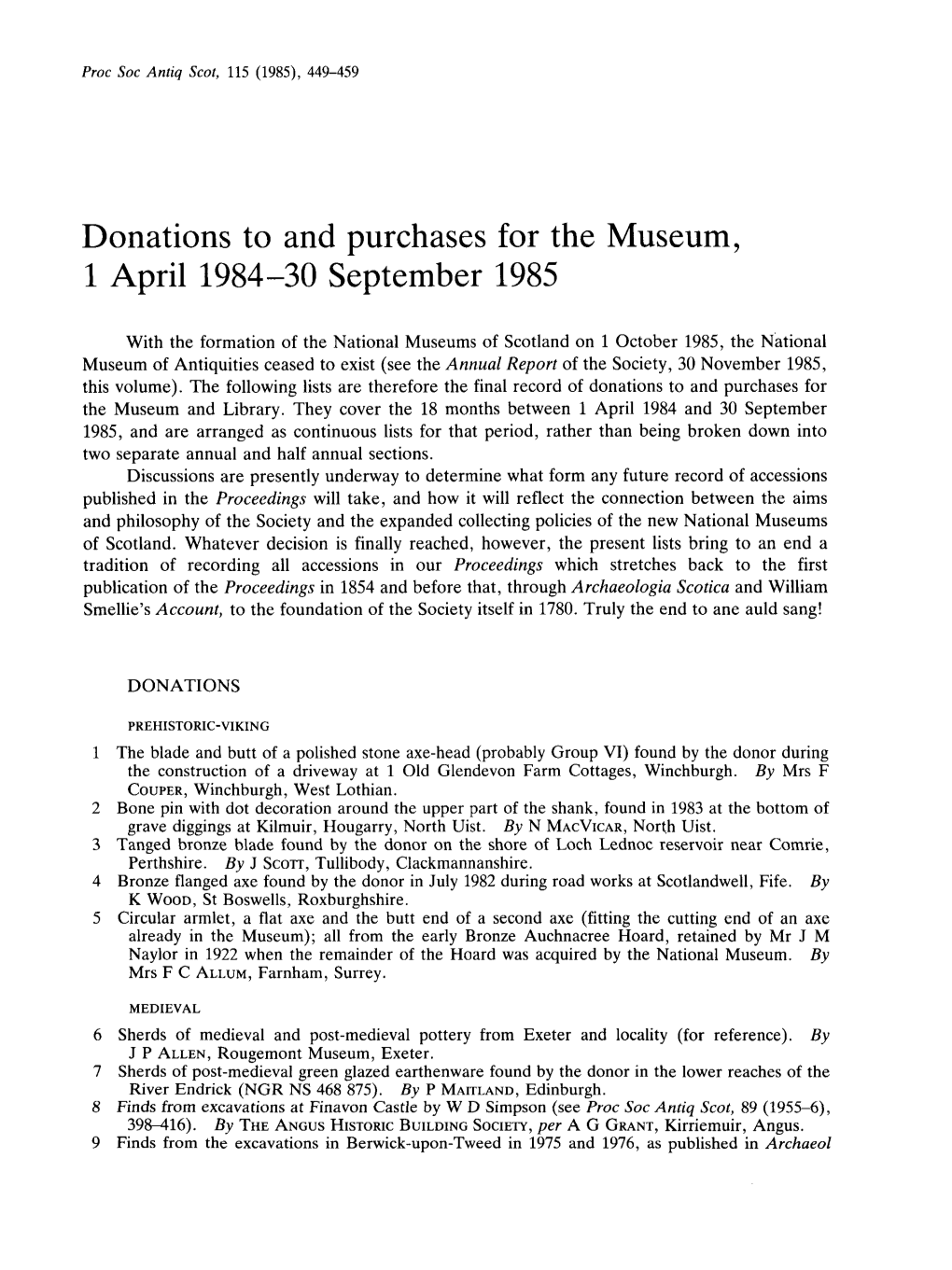 Donations to and Purchases for the Museum, 1 April 1984-30 September 1985