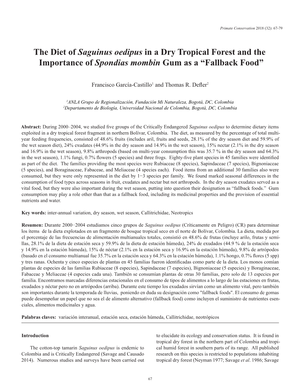 The Diet of Saguinus Oedipus in a Dry Tropical Forest and the Importance of Spondias Mombin Gum As a “Fallback Food”