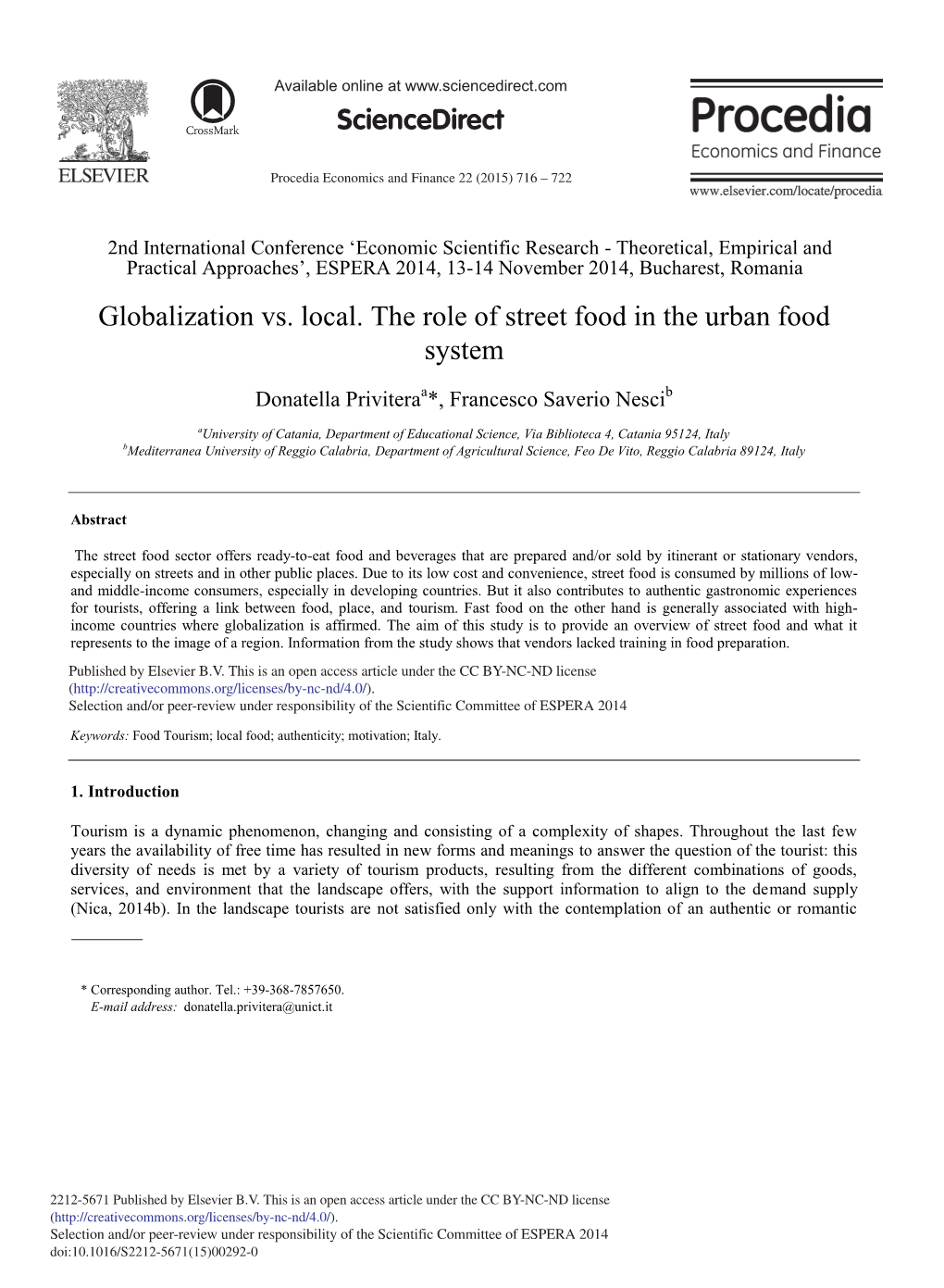 Globalization Vs. Local. the Role of Street Food in the Urban Food System