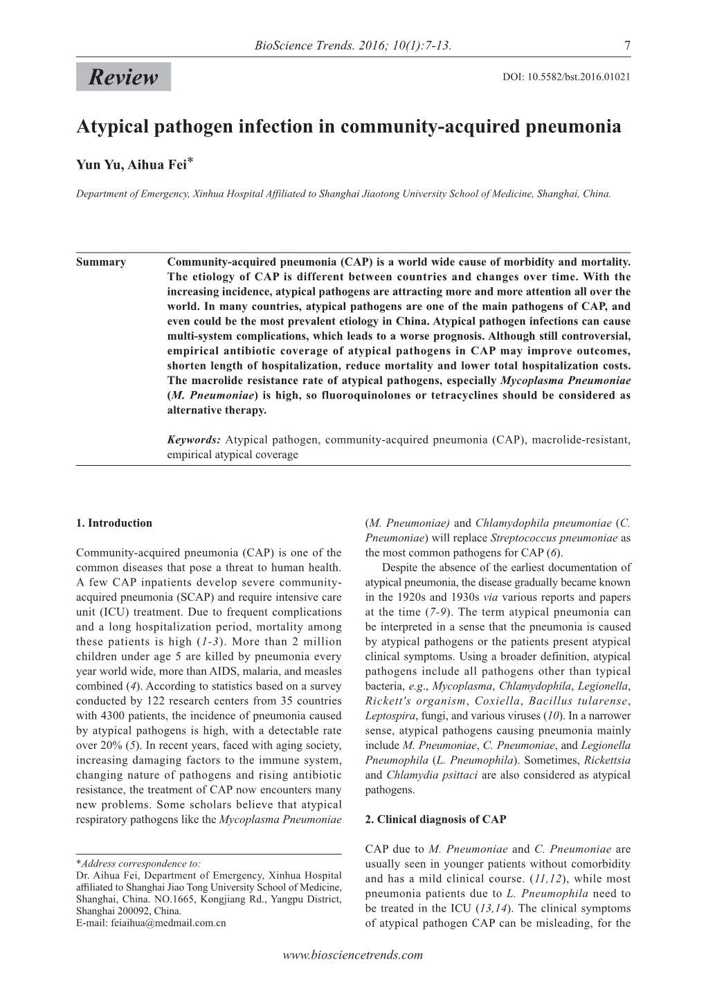 Atypical Pathogen Infection in Community-Acquired Pneumonia