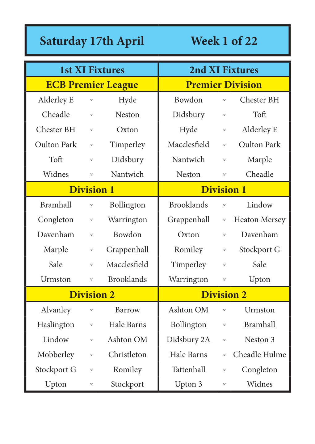 1St & 2Nd XI League Fixtures 2021