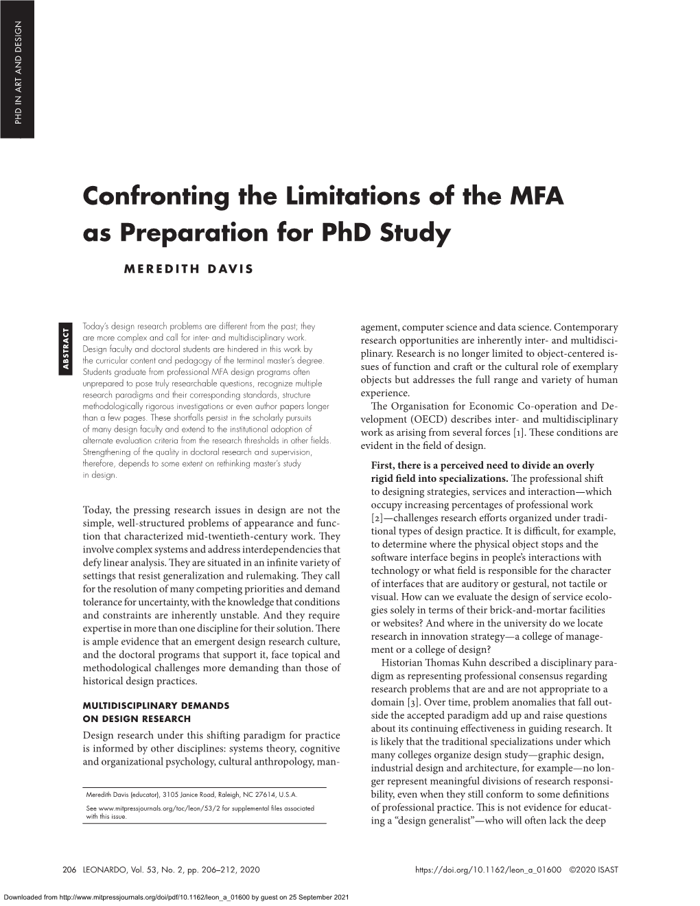 Confronting the Limitations of the MFA As Preparation for Phd Study