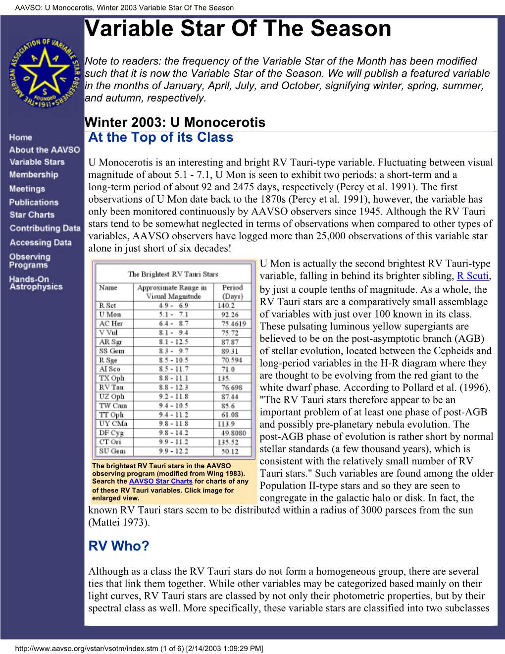 U Monocerotis, Winter 2003 Variable Star of the Season Variable Star of the Season