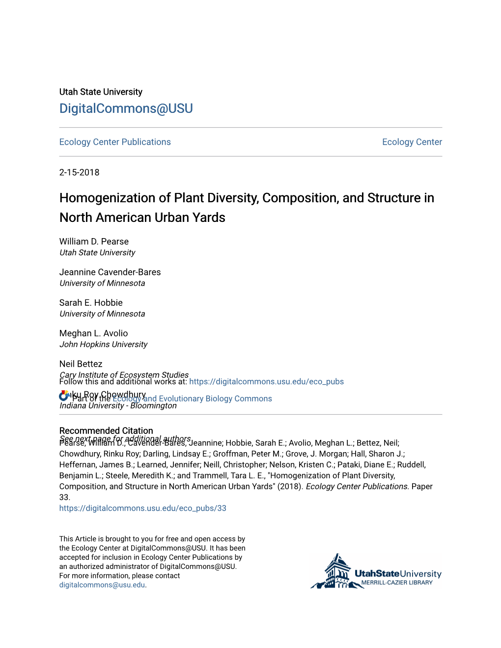Homogenization of Plant Diversity, Composition, and Structure in North American Urban Yards