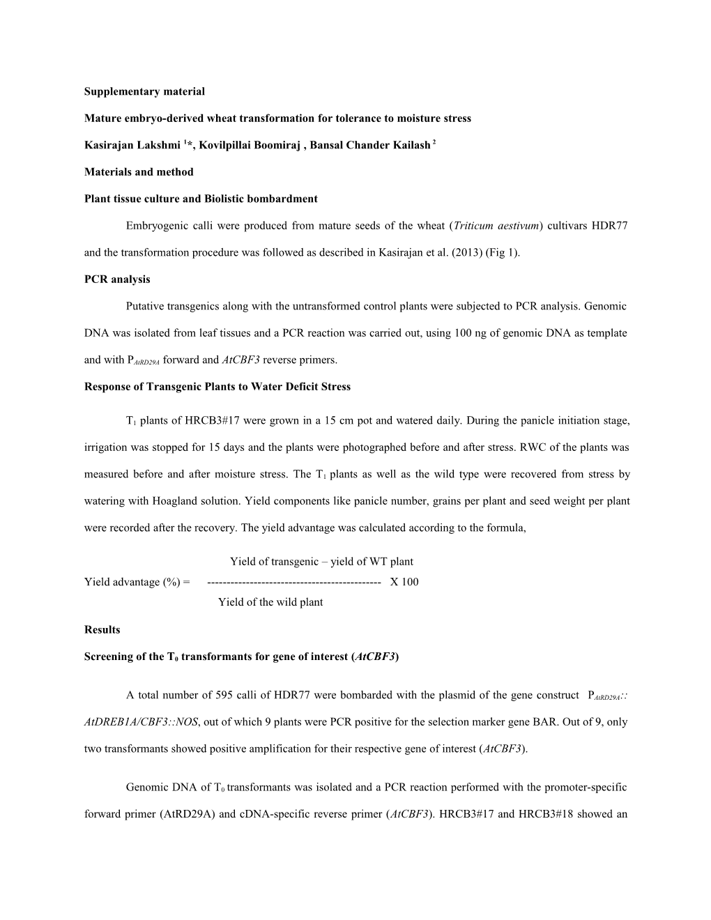 Mature Embryo-Derived Wheat Transformation for Tolerance to Moisture Stress