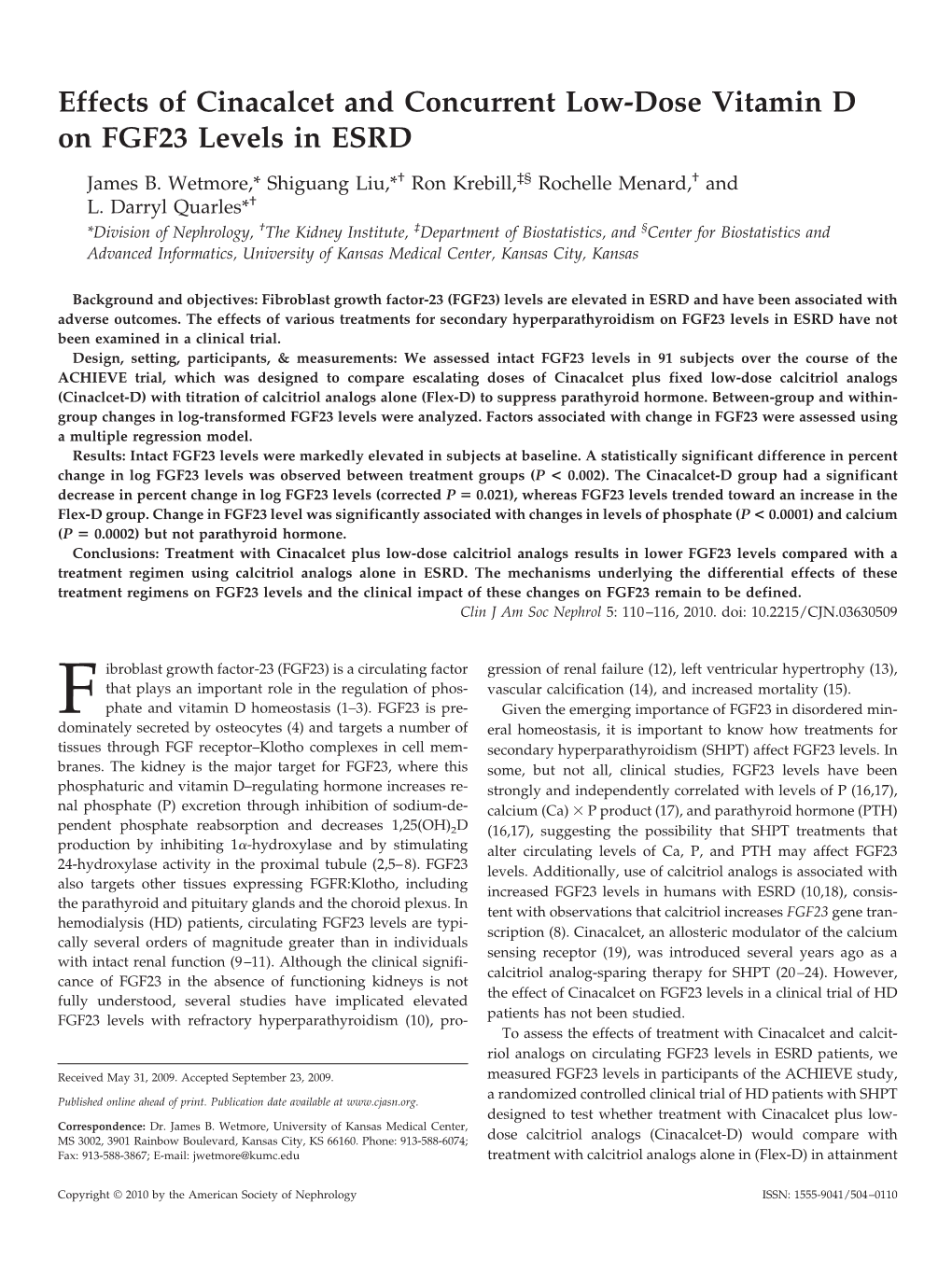 Effects of Cinacalcet and Concurrent Low-Dose Vitamin D on FGF23 Levels in ESRD