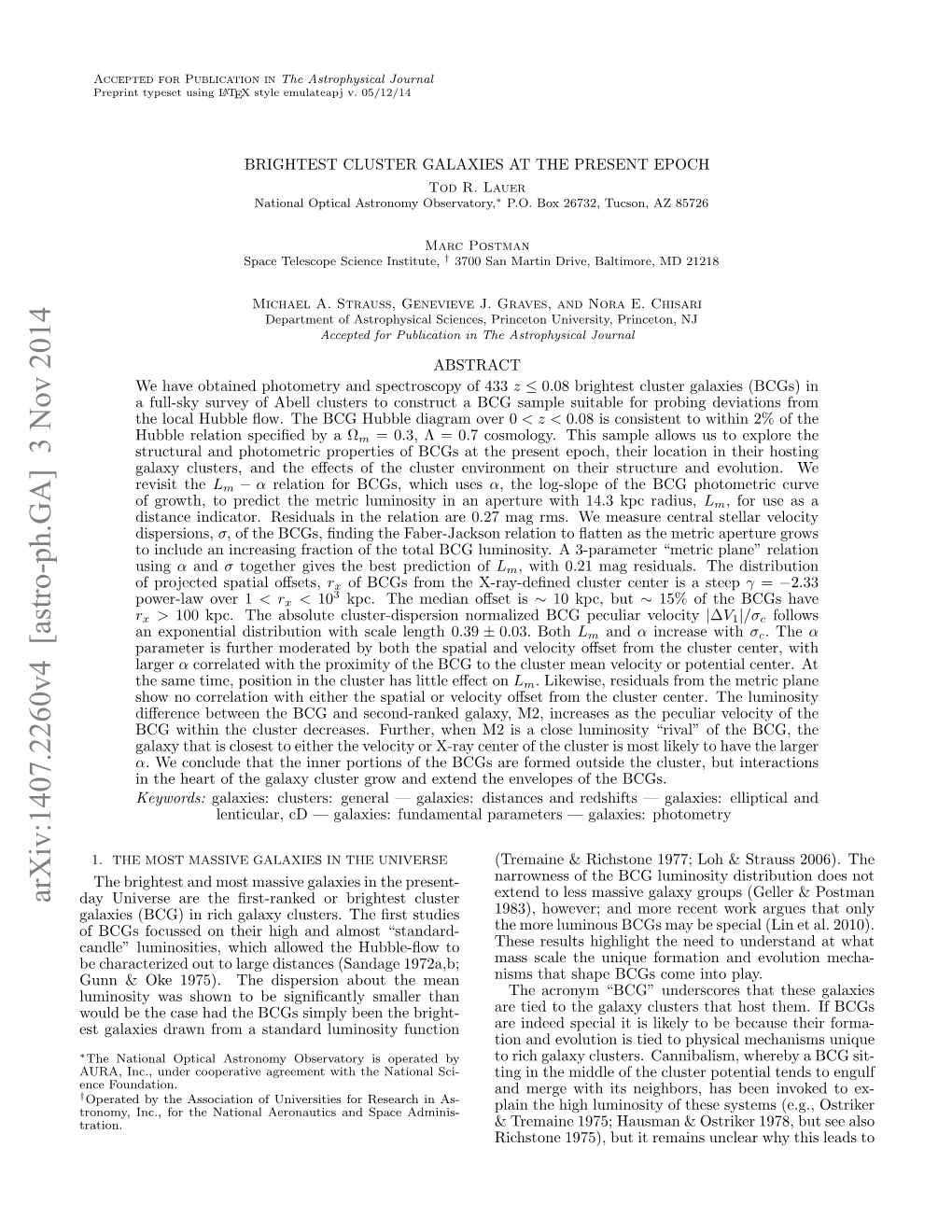 Arxiv:1407.2260V4 [Astro-Ph.GA] 3 Nov 2014 Day Universe Are the ﬁrst-Ranked Or Brightest Cluster Galaxies (BCG) in Rich Galaxy Clusters