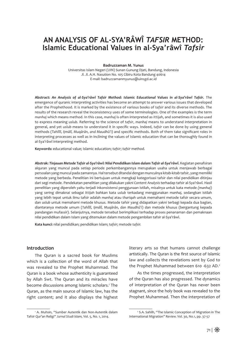 Islamic Educational Values in Al-Sya'râwî Tafsir