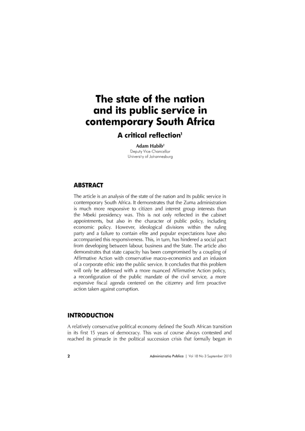 The State of the Nation and Its Public Service in Contemporary South Africa a Critical Reflection1