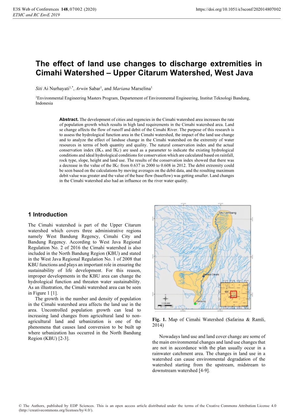 The Effect of Land Use Changes to Discharge Extremities in Cimahi Watershed – Upper Citarum Watershed, West Java