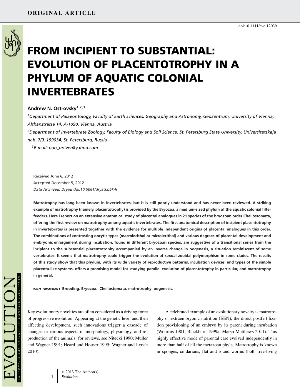 Evolution of Placentotrophy in a Phylum of Aquatic Colonial Invertebrates