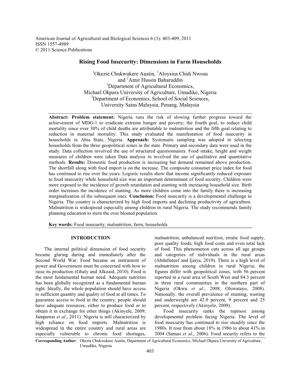 Rising Food Insecurity: Dimensions in Farm Households