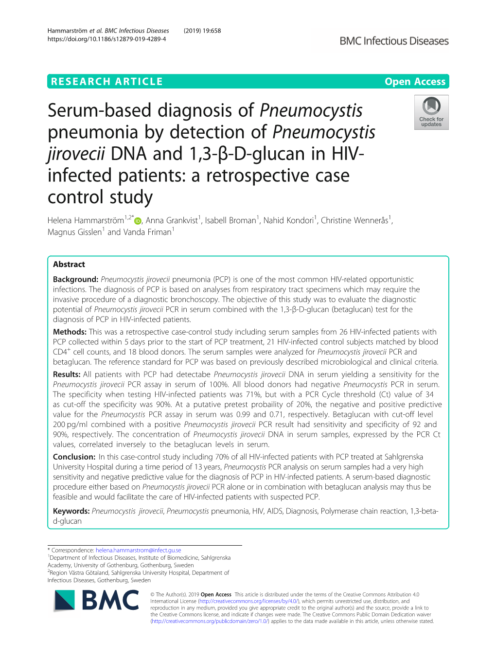 Serum-Based Diagnosis of Pneumocystis Pneumonia by Detection of Pneumocystis Jirovecii DNA and 1,3-Β-D-Glucan in HIV-Infected P