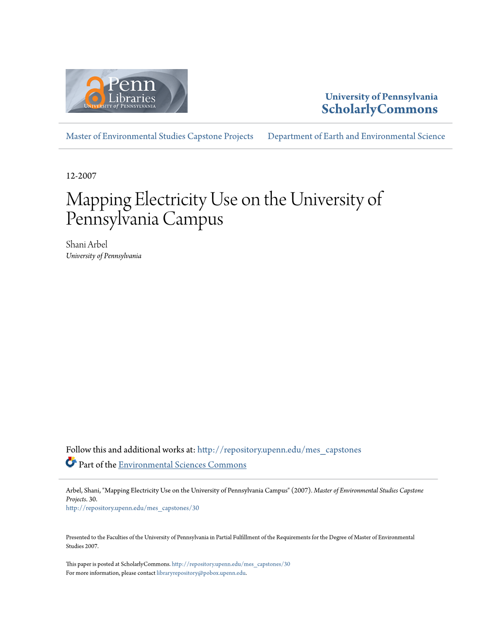 Mapping Electricity Use on the University of Pennsylvania Campus Shani Arbel University of Pennsylvania