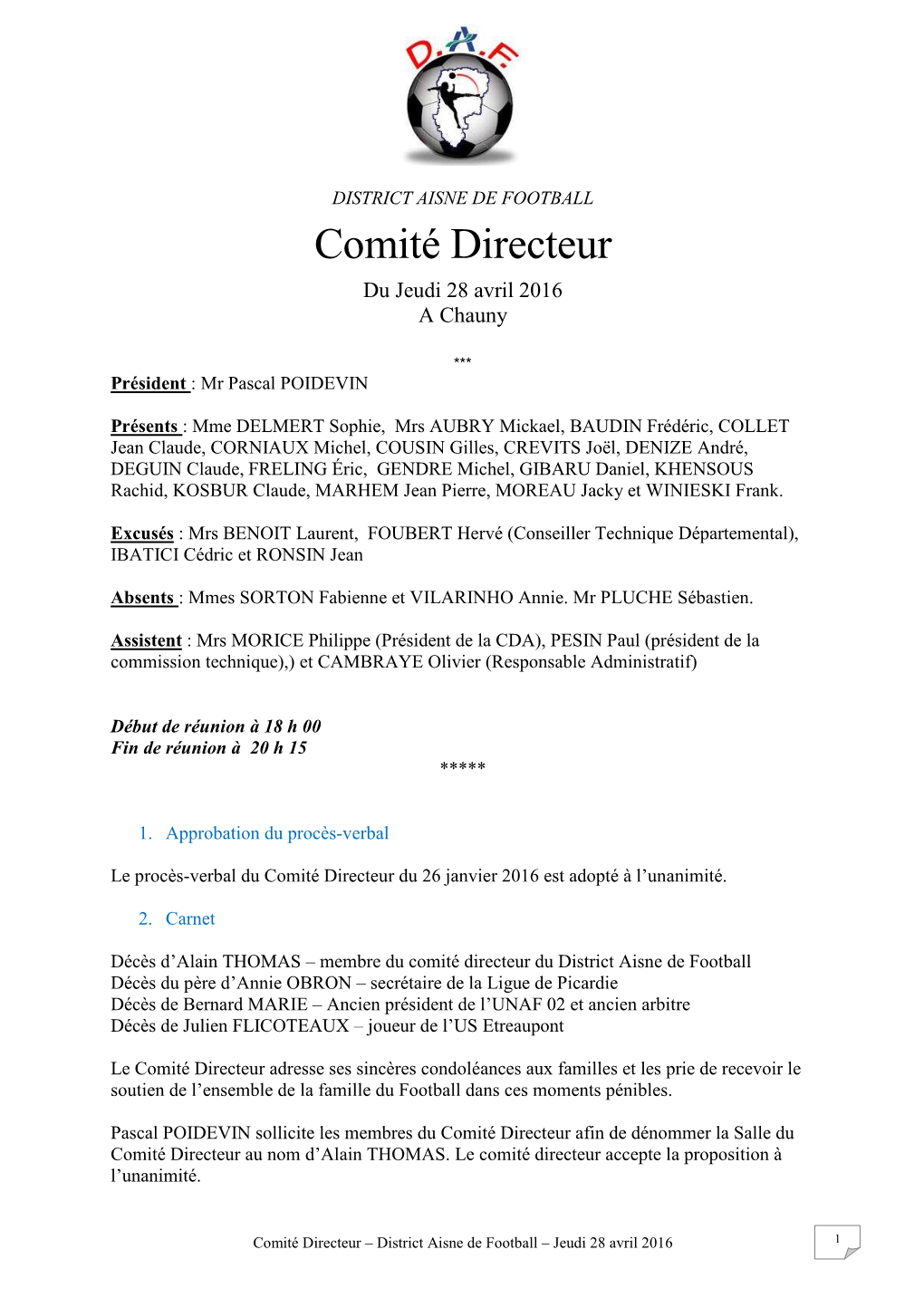 Comité Directeur Du Jeudi 28 Avril 2016 a Chauny