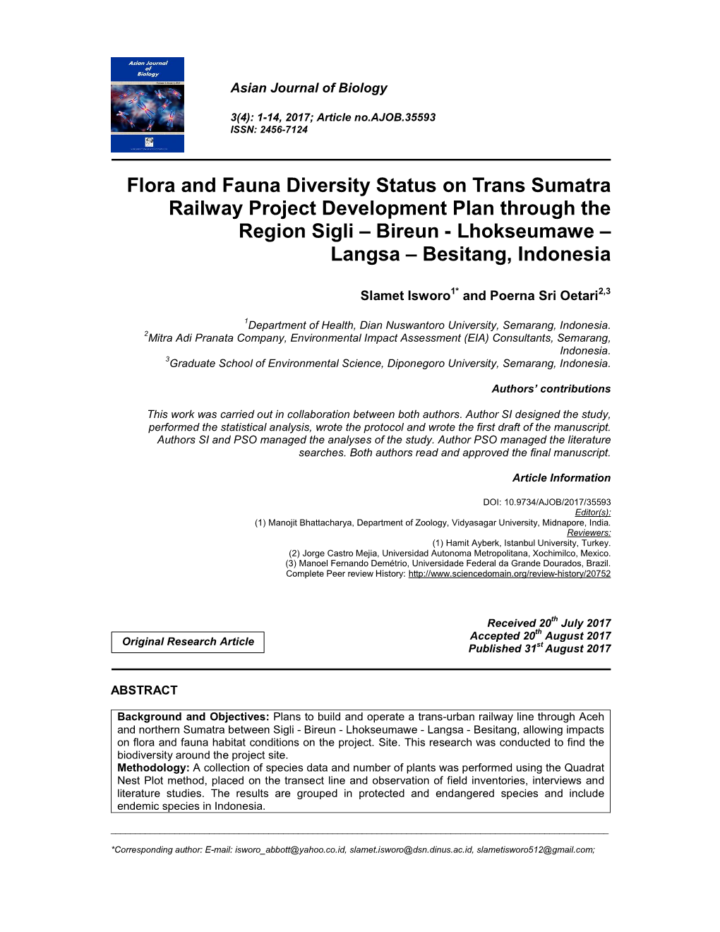 Flora and Fauna Diversity Status on Trans Sumatra Railway Project Development Plan Through the Region Sigli – Bireun - Lhokseumawe – Langsa – Besitang, Indonesia