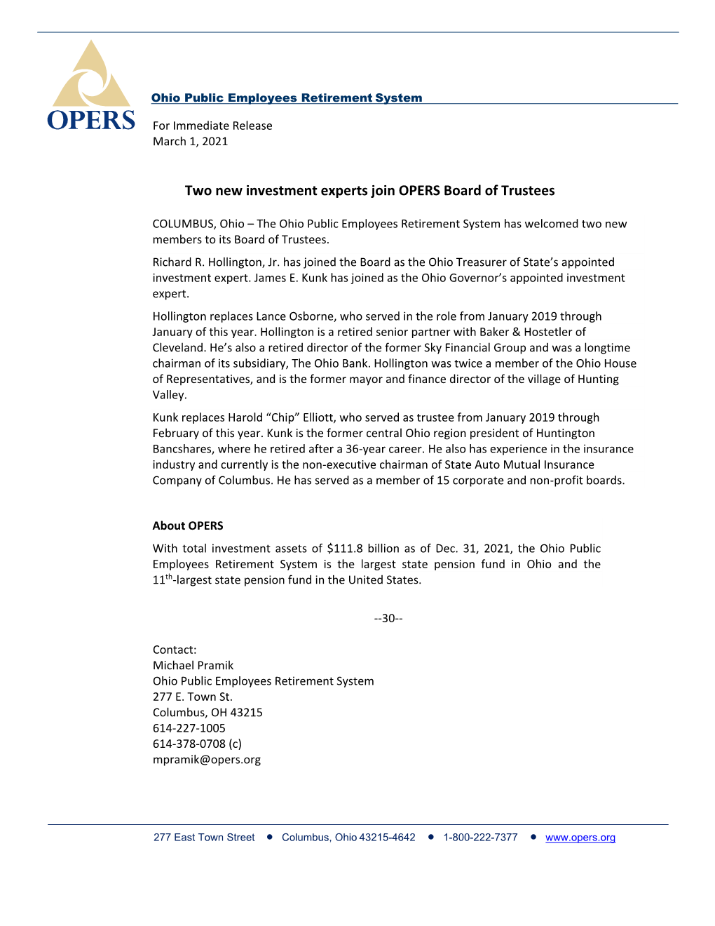 Two New Investment Experts Join OPERS Board of Trustees