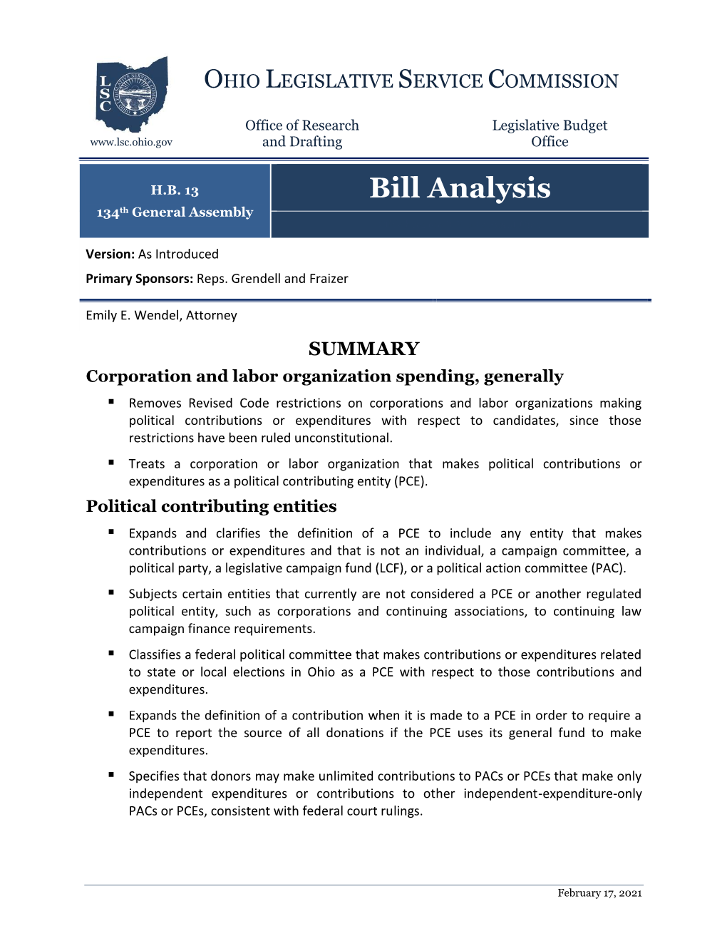 Bill Analysis 134Th General Assembly Click Here for H.B