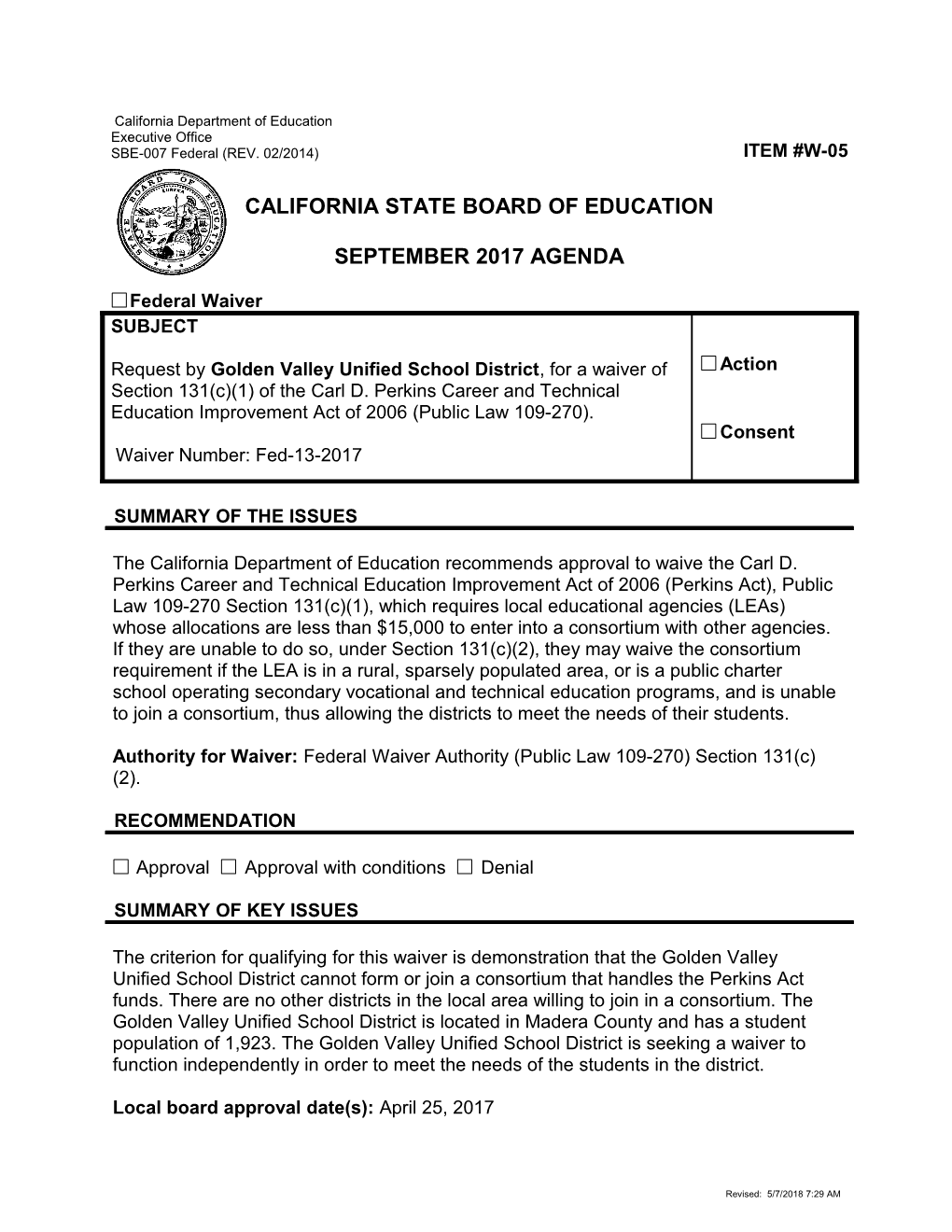 September 2017 Waiver Item W-05 - Meeting Agendas (CA State Board of Education)