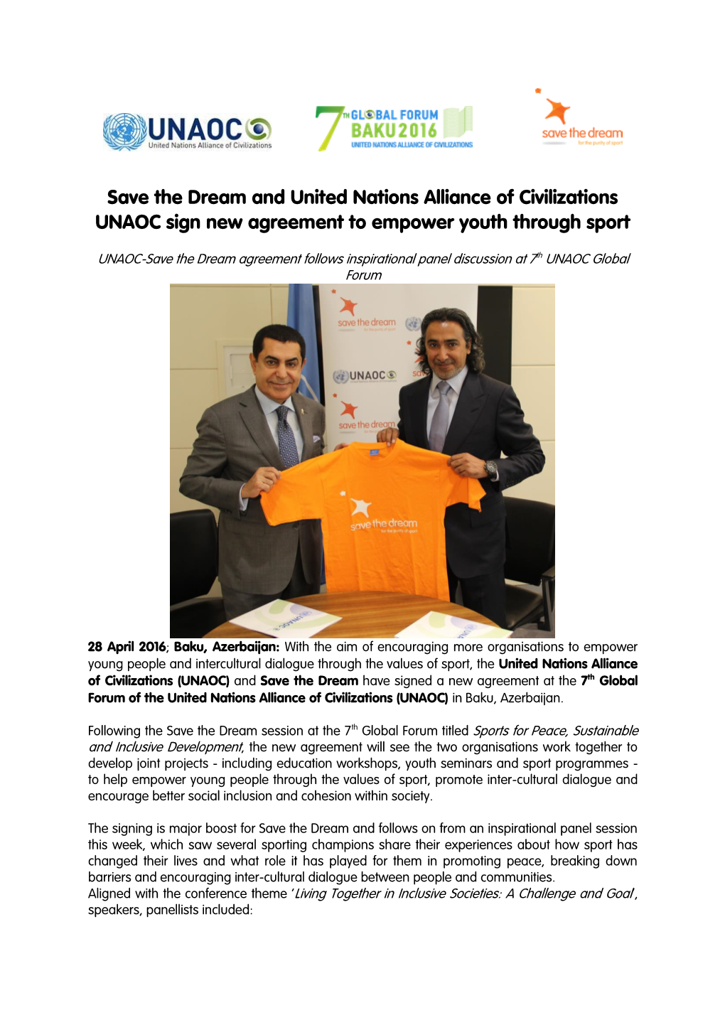 Save the Dream and United Nations Alliance of Civilizations UNAOC Sign New Agreement to Empower Youth Through Sport