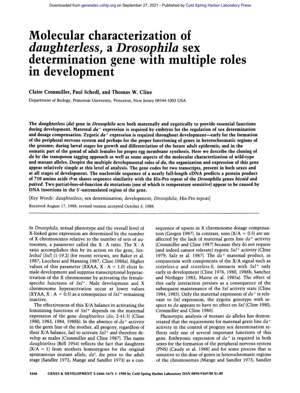 Daughterless, a Drosophila Sex Determination Gene with Multiple Roles in Development