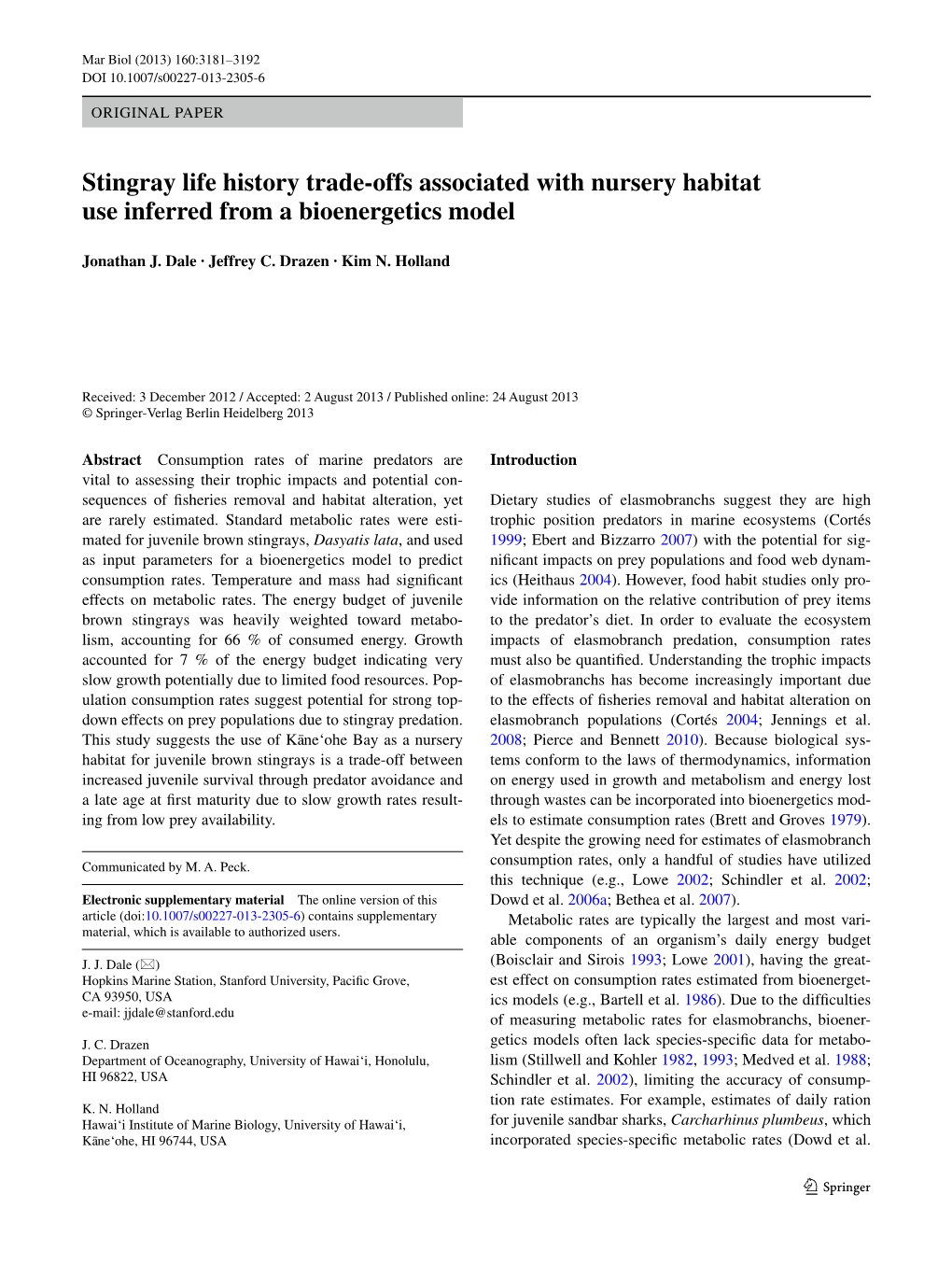 Stingray Life History Trade‑Offs Associated with Nursery Habitat Use