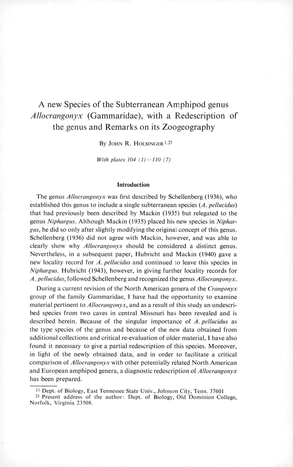 A New Species of the Subterranean Amphipod Genus Allocrangonyx (Gammaridae), with a Redescription of the Genus and Remarks on Its Zoogeography