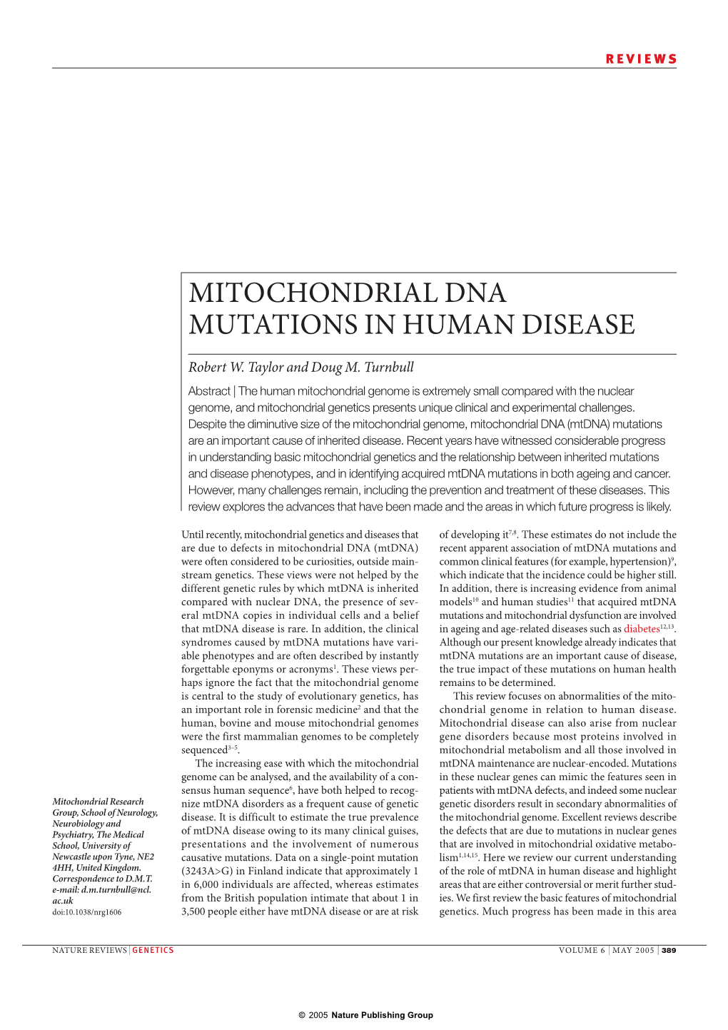 Mitochondrial Dna Mutations in Human Disease