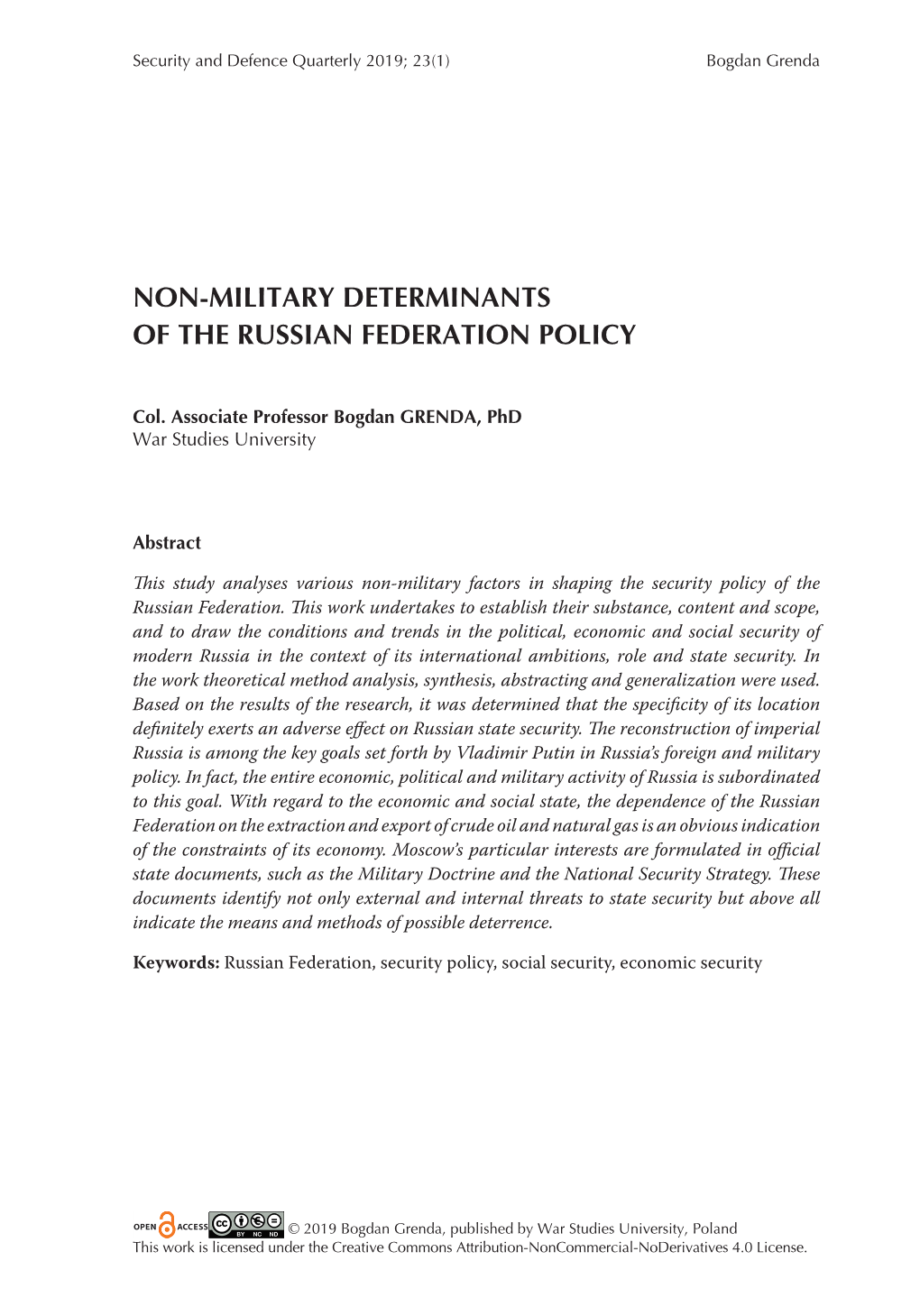 Non-Military Determinants of the Russian Federation Policy