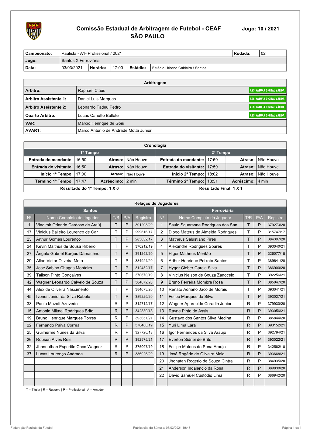 Comissão Estadual De Arbitragem De Futebol - CEAF Jogo: 10 / 2021 SÃO PAULO