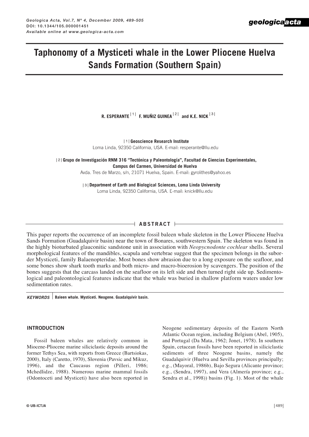 Taphonomy of a Mysticeti Whale in the Lower Pliocene Huelva Sands Formation (Southern Spain)