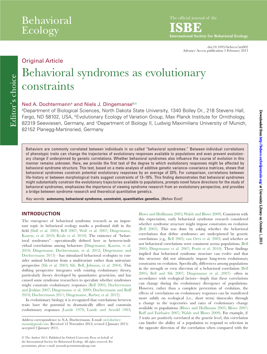 Behavioral Syndromes As Evolutionary Constraints