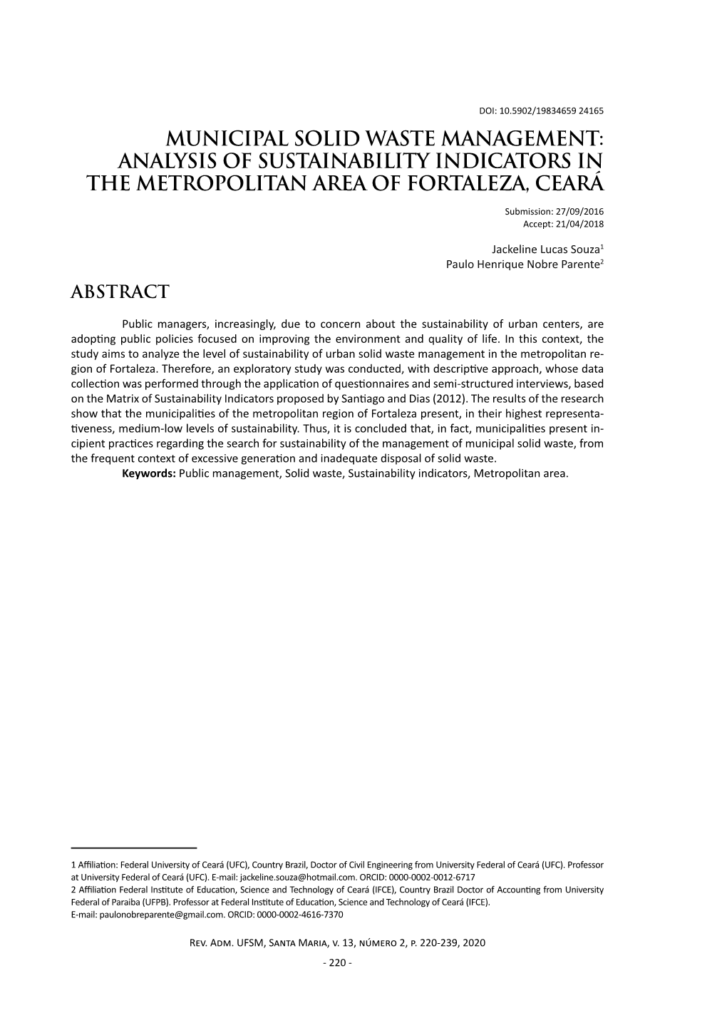 Municipal Solid Waste Management: Analysis of Sustainability Indicators in the Metropolitan Area of Fortaleza, Ceará