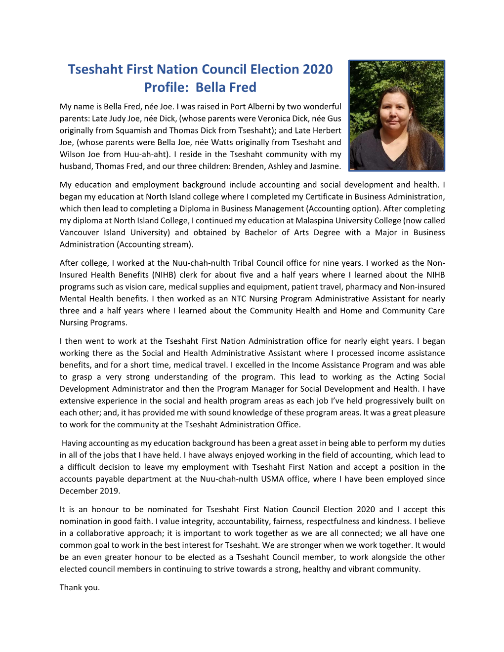 Tseshaht First Nation Council Election 2020 Profile: Bella Fred My Name Is Bella Fred, Née Joe