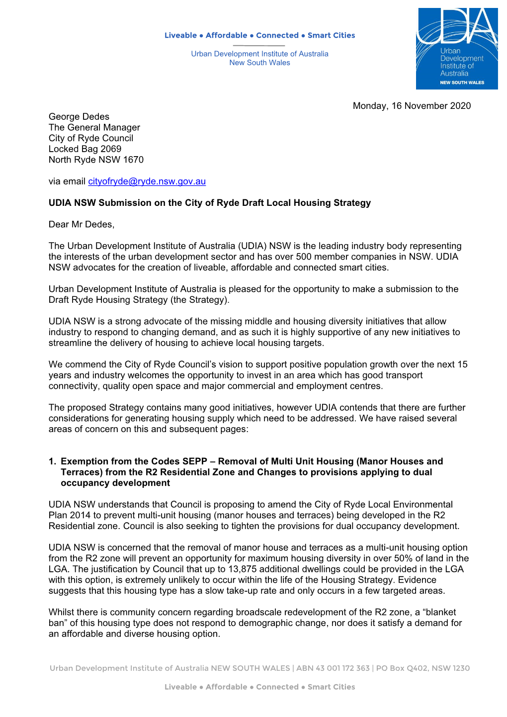 Monday, 16 November 2020 George Dedes the General Manager City of Ryde Council Locked Bag 2069 North Ryde NSW 1670 Via Email Cityofryde@Ryde.Nsw.Gov.Au